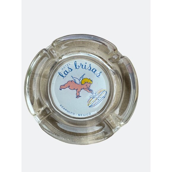 Vintage Hotel Las Brisas Acapulco Mexico Clear Glass Ashtray With Cherub Design - Picture 1 of 5